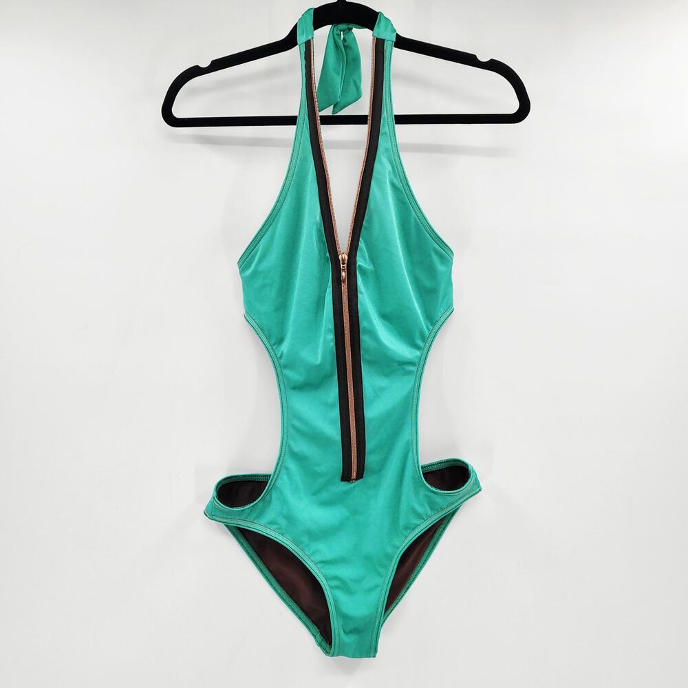 Y2K Kenneth Cole Reaction Vibrant Green Contrast Goldtone Zipper Front Women's M
